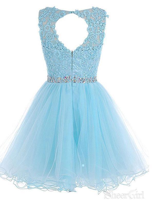 Lace Appliqued Black Tulle Homecoming Dresses,Beaded Hoco Dress,apd255