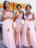 Lace Appliqued Bodice Pink Chiffon Long Mismatched Bridesmaid Dresses with Slit APD2254-SheerGirl