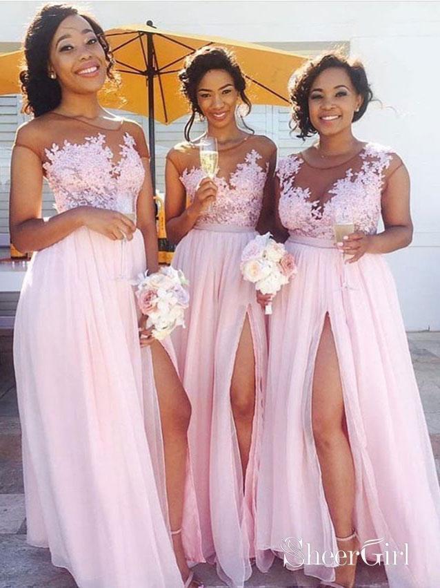 Lace Appliqued Bodice Pink Chiffon Long Mismatched Bridesmaid