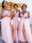 Lace Appliqued Bodice Pink Chiffon Long Mismatched Bridesmaid Dresses with Slit APD2254