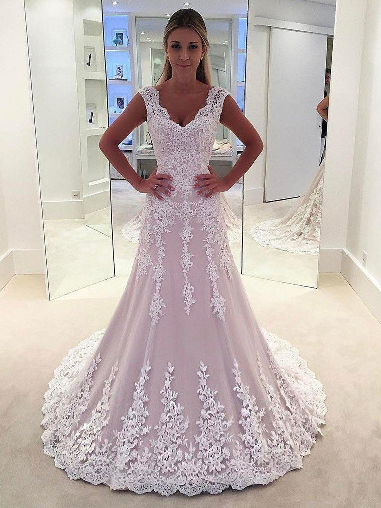 Lace Appliqued Bridal Wedding Gowns,Sheath Wedding Dresses SWD0061-SheerGirl