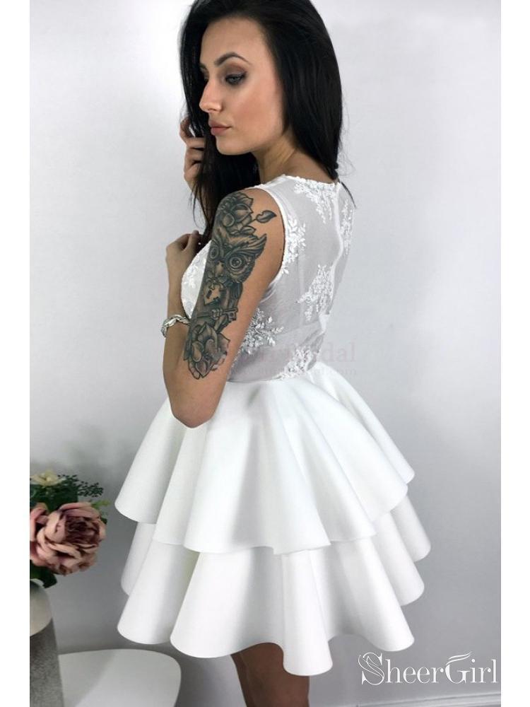 Lace Appliqued Grey Mini Homecoming Dresses Cheap V Neck White Cocktail Dress ARD1505-SheerGirl