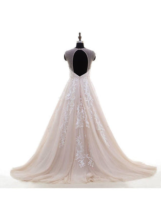 Lace Appliqued Nude Tulle Chapel Train Ball Gown Wedding Dresses,apd2301-SheerGirl