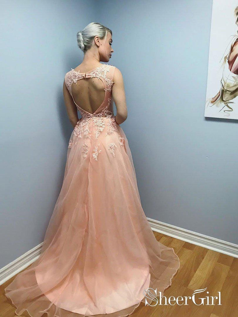 Peach Lace Appliqued Open Back Long Prom Dresses 2018 |Sheergirl.com SheerGirl Peach Lace Appliqued Open Back Long Prom Dresses 2018 |Sheergirl.com SheerGirl
