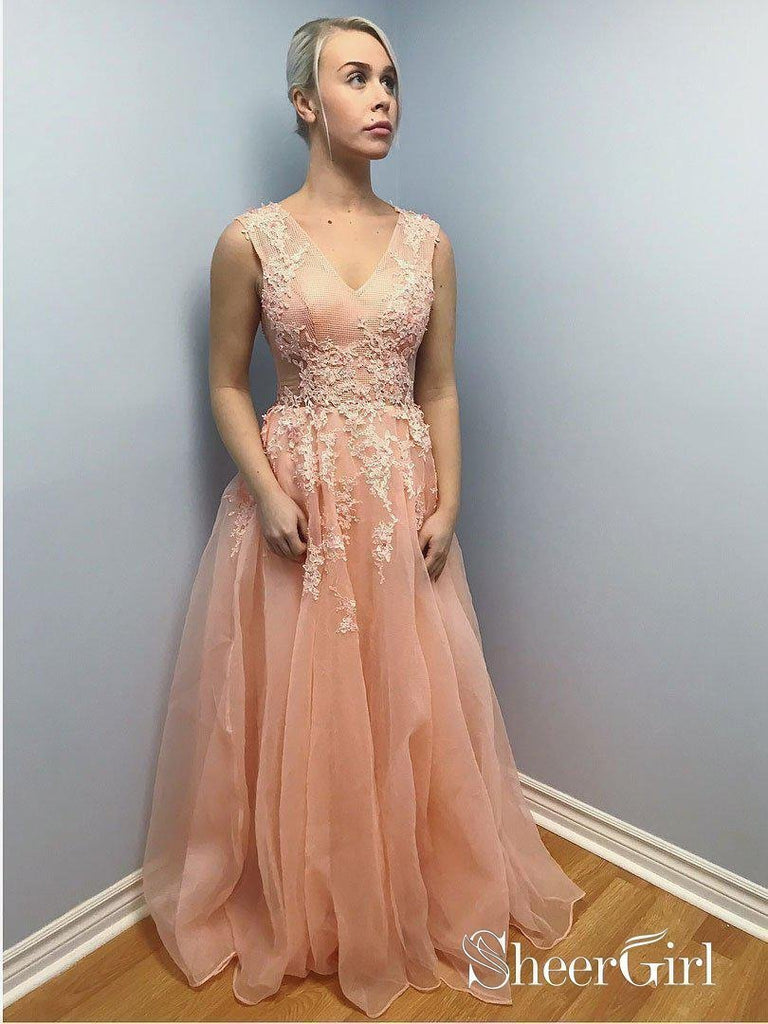 Lace Appliqued Open Back Formal Dresses Tulle Peach Long Cheap Prom Dresses 2018 APD3308-SheerGirl