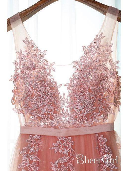 Lace Appliqued Peach Formal Dresses Tulle See Through Prom Dresses APD3254 Lace Appliqued Peach Formal Dresses Tulle See Through Prom Dresses APD3254