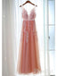 Lace Appliqued Peach Formal Dresses Tulle See Through Prom Dresses APD3254