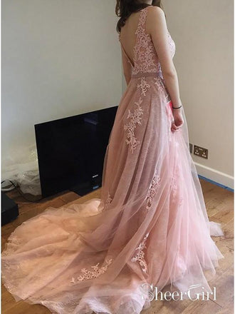 Lace Appliqued Pink Long Prom Dresses Vintage Backless Tulle Quinceanera Dress APD3337-SheerGirl