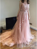 Lace Appliqued Pink Long Prom Dresses Vintage Backless Tulle Quinceanera Dress APD3337-SheerGirl