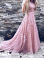 Lace Appliqued Pink Long Prom Dresses Vintage Backless Tulle Quinceanera Dress APD3337
