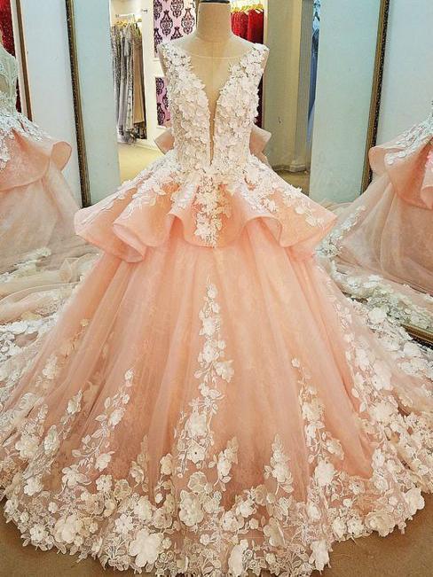 Lace Appliqued Princess Ball Gown Wedding Dresses Pink Bridal