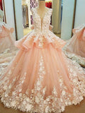Lace Appliqued Princess Ball Gown Wedding Dresses Pink Bridal Gowns,apd2326-SheerGirl