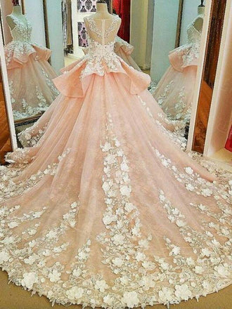 Lace Appliqued Princess Ball Gown Wedding Dresses Pink Bridal Gowns,apd2326-SheerGirl