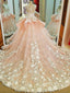 Krajkové aplikované princeznovské plesové šaty Svatební šaty Růžové svatební šaty, apd2326 