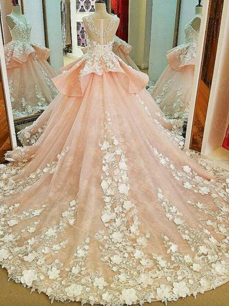 Lace Appliqued Princess Ball Gown Wedding Dresses Pink Bridal
