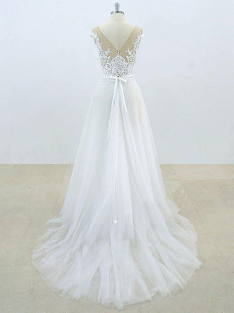 Lace Appliqued See Through Beach Wedding Dresses Summer Wedding Dress SWD0062-SheerGirl