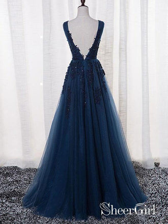 Lace Appliqued See Through Navy Blue Prom Dresses Beaded Tulle Formal Dress APD3344-SheerGirl