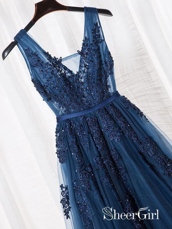 Lace Appliqued See Through Navy Blue Prom Dresses Beaded Tulle Formal Dress APD3344 Lace Appliqued See Through Navy Blue Prom Dresses Beaded Tulle Formal Dress APD3344