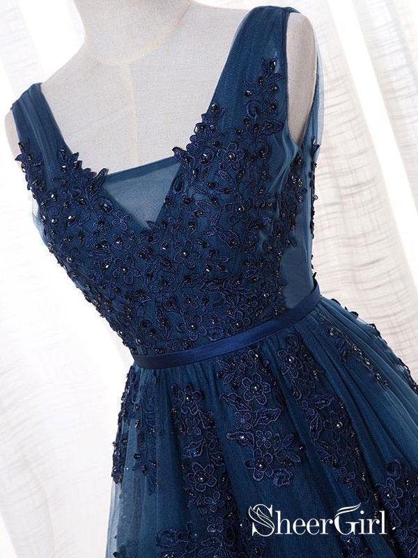 Lace Appliqued See Through Navy Blue Prom Dresses Tulle Formal Dress |Sheergirl.com SheerGirl Lace Appliqued See Through Navy Blue Prom Dresses Tulle Formal Dress |Sheergirl.com SheerGirl