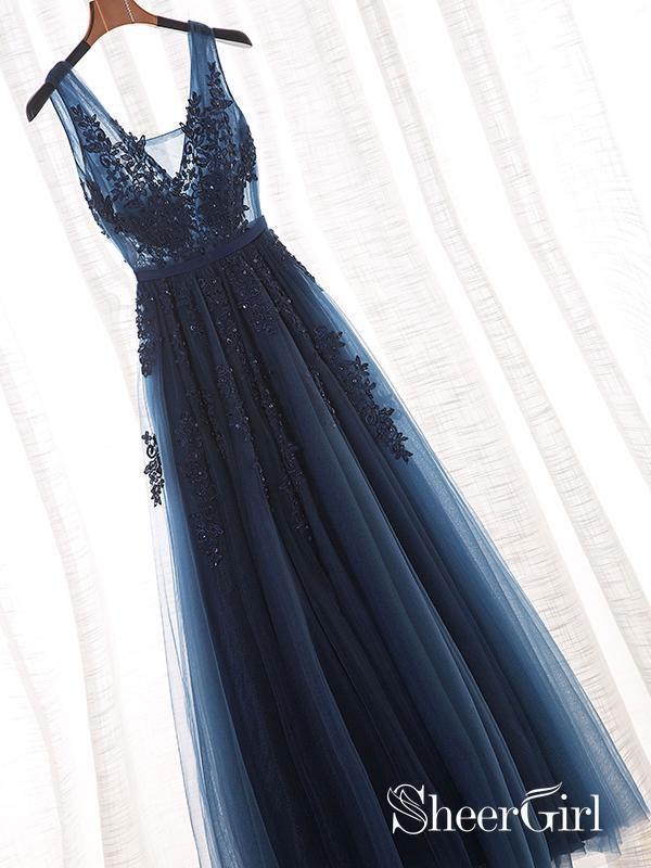 Navy Blue Tulle with Lace Appliqued Prom Dresses Navy Blue Tulle with Lace Appliqued Prom Dresses