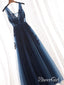 Lace Appliqued See Through Navy Blue Prom Dresses Beaded Tulle Formal Dress APD3344