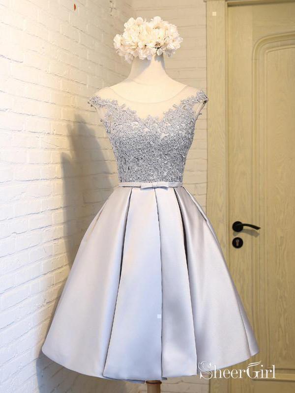 Lace Appliqued Silver Satin Short Prom Dresses Cute Homecoming Dresses SheerGirl Lace Appliqued Silver Satin Short Prom Dresses Cute Homecoming Dresses SheerGirl