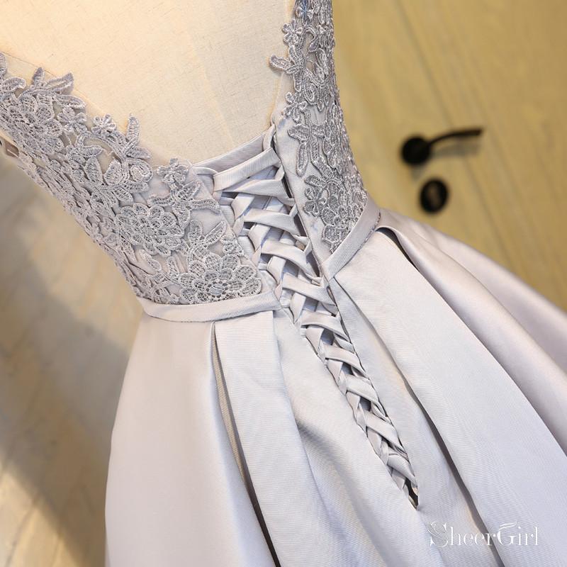 cute silver dresses Lace Appliqued Silver Satin Short Prom Dresses Cute Homecoming Dresses,apd2486