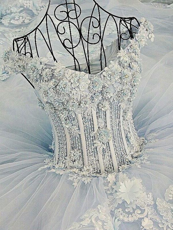 Lace Appliqued Sky Blue Ball Gown Wedding Dresses Off the Shoulder APD2818-SheerGirl