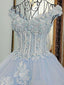 Krajkové aplikované nebesky modré společenské svatební šaty přes rameno APD2818 