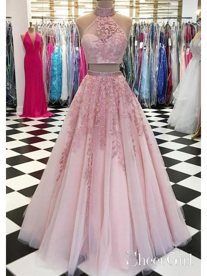 Lace Appliqud Two Piece Prom Dresses Long Cheap Halter Ball Gowns APD SheerGirl Lace Appliqud Two Piece Prom Dresses Long Cheap Halter Ball Gowns APD SheerGirl