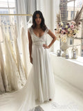 Lace Beaded V Neckline Chiffon Skirt A Line Sweep Train Wedding Dresses AWD1660-SheerGirl