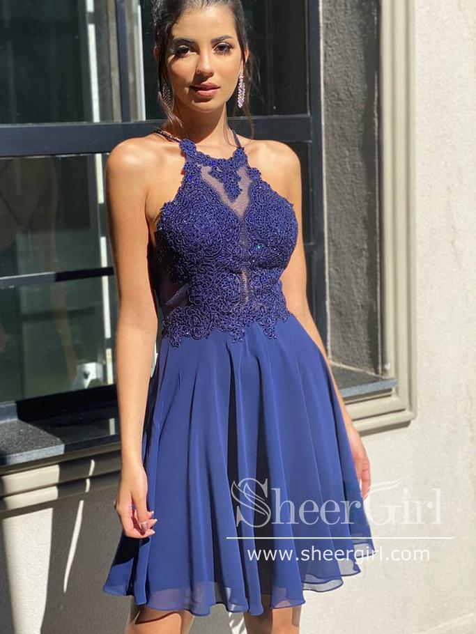 Lace Bodice Knee Length Chiffon Homecoming Dress Crossed