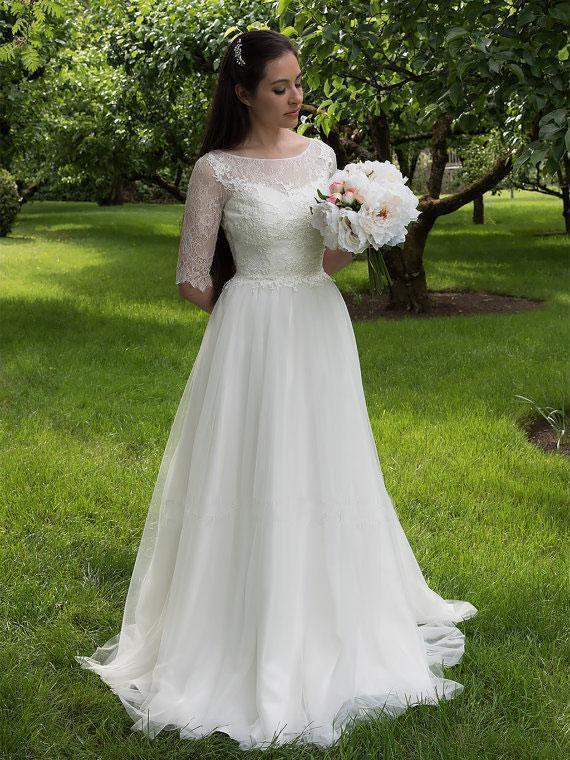 Lace Bodice Wedding Dresses with Half Sleeves,Cheap Bridal Gowns SWD0045-SheerGirl