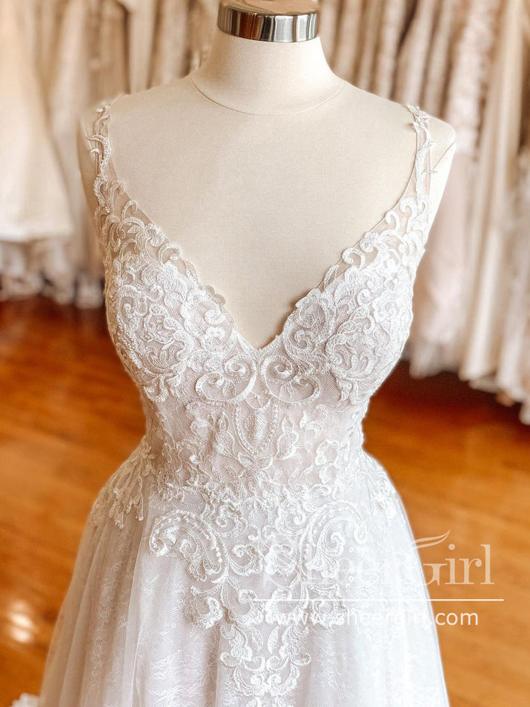 Lace Bridal Gown Floral Vintage Appliques V Neck Wedding Dress with Court Train AWD1895-SheerGirl