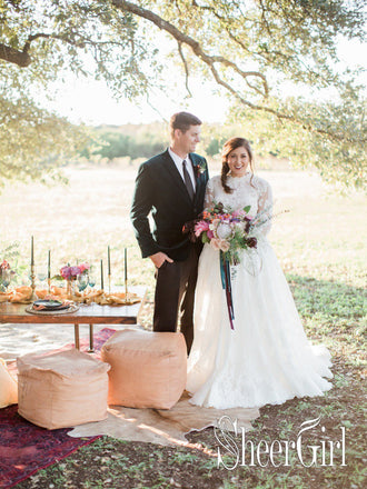 Lace Full A-Line Rustic-Chic Wedding Dress With Long Sleeves Ivory Oversize Bridal Dress AWD1643-SheerGirl