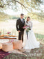 Krajkové rustikální elegantní svatební šaty plné A-Line s dlouhými rukávy Slonovinové oversize svatební šaty AWD1643 