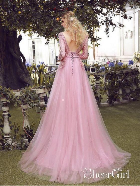 Lace Long Sleeve Pink Prom Dresses V Neck Tulle Appliqued Beaded Evening Ball Gowns ARD1042-SheerGirl