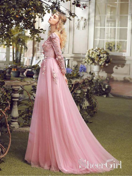 Pink A Line Spaghetti Straps 3D Flowers Prom Dresses PL440 | Promnova
