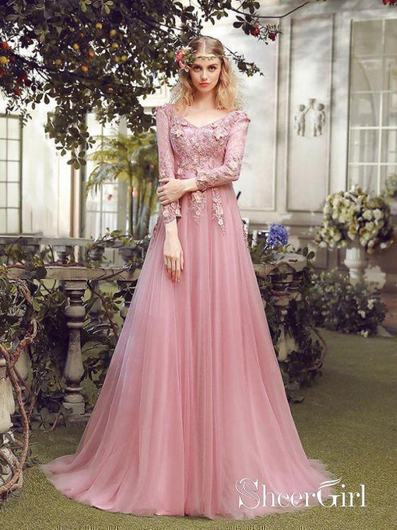 Sexy Pink Long Sleeve Formal Dress Evening Gown - TheCelebrityDresses