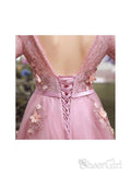 Lace Long Sleeve Pink Prom Dresses V Neck Tulle Appliqued Beaded Evening Ball Gowns ARD1042-SheerGirl