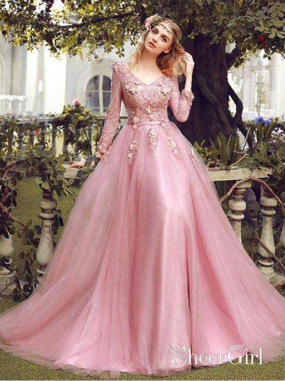 pink long sleeve prom dress Lace Long Sleeve Pink Prom Dresses V Neck Tulle Appliqued Beaded Evening Ball Gowns ARD1042