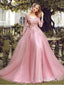 Krajkové dlouhé rukávy růžové plesové šaty tyl s výstřihem do V aplikované korálkové večerní plesové šaty ARD1042 