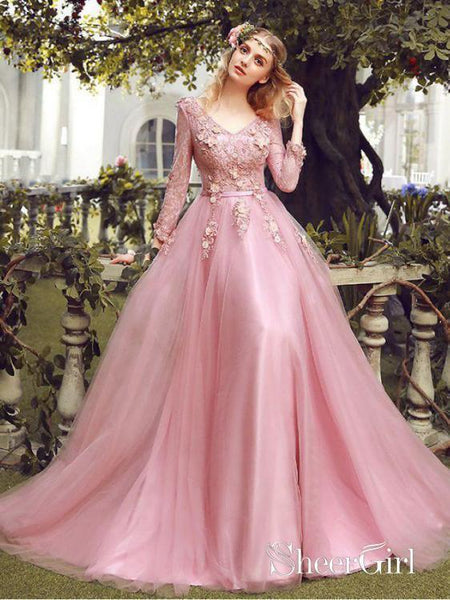 Lace Long Sleeve Pink Prom Dresses V Neck Tulle Appliqued Beaded Evening Ball Gowns ARD1042 Lace Long Sleeve Pink Prom Dresses V Neck Tulle Appliqued Beaded Evening Ball Gowns ARD1042