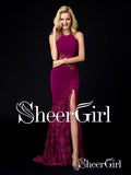 Lace Mermaid Prom Dresses See Through Dark Magenta Backless Sexy Formal Dresses ARD1104-SheerGirl