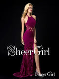 Lace Mermaid Prom Dresses See Through Dark Magenta Backless Sexy Formal Dresses ARD1104-SheerGirl