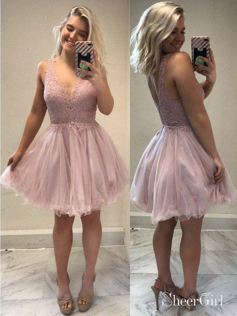 Lace Top Blush Pink Homecoming Dresses Tulle Short Hoco Dress ARD1347-SheerGirl