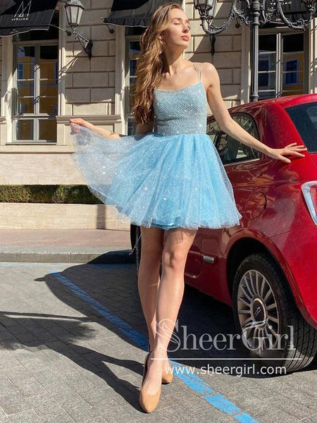 homecoming dress fluffy Cute A-line Spaghetti Strap Lace Homecoming Dresses Short MCL1040 main image 0