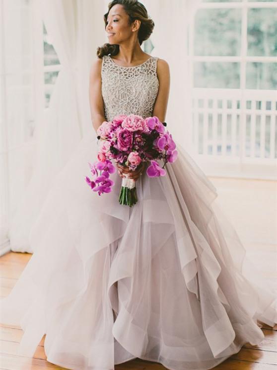 Light Grey Lace Vintage Wedding Dresses Multilayered Organza Light Grey Lace Vintage Wedding Dresses Multilayered Organza