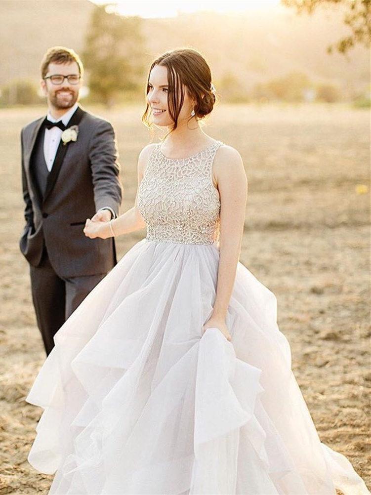 Lace Vintage Wedding Dresses Ruffle Skirt Organza Princess Wedding Dresses AWD1046-SheerGirl