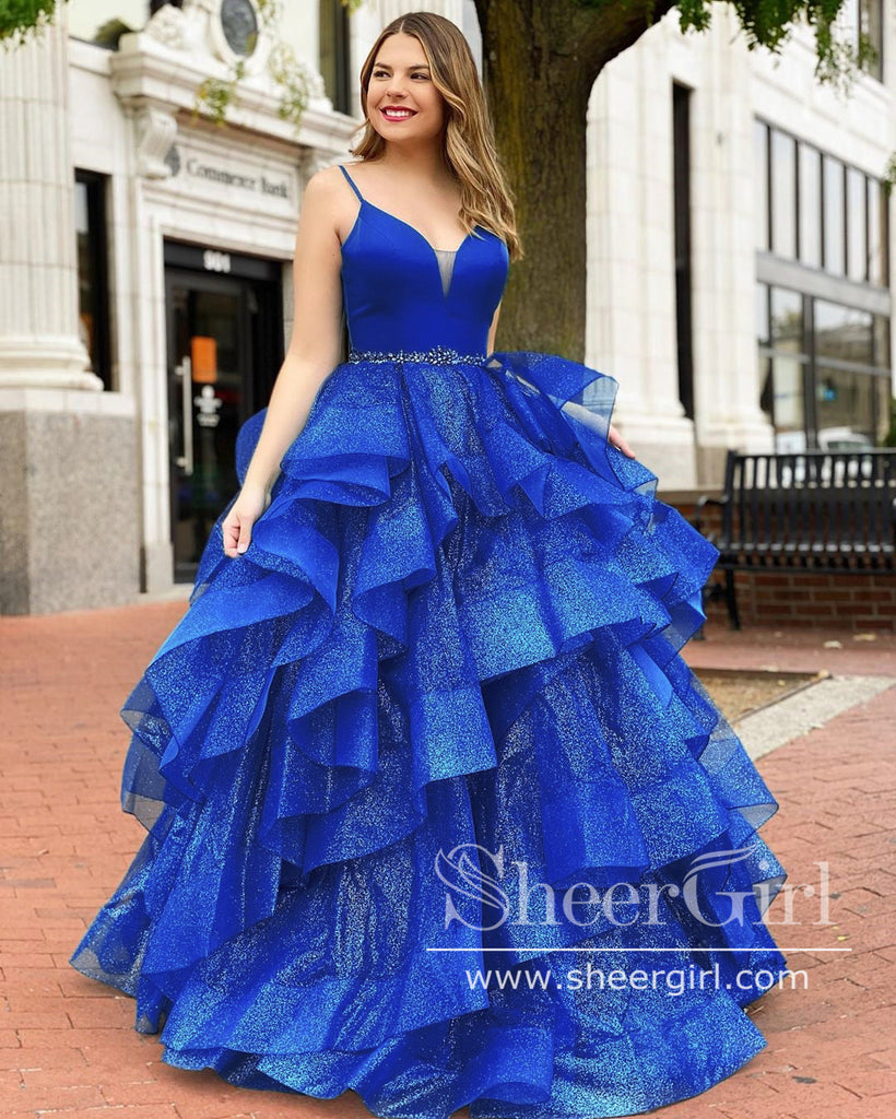 Lake Blue Glitter Layers Evening Dress Spaghetti Straps Rhinestones Sp –  SheerGirl